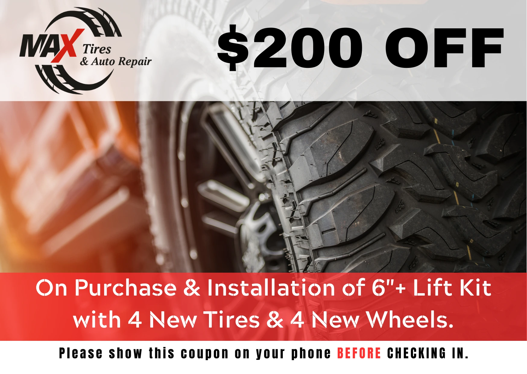 $200 off lift kit installation with four new tires and wheels at Max Tires & Auto Repair in Natomas, California.